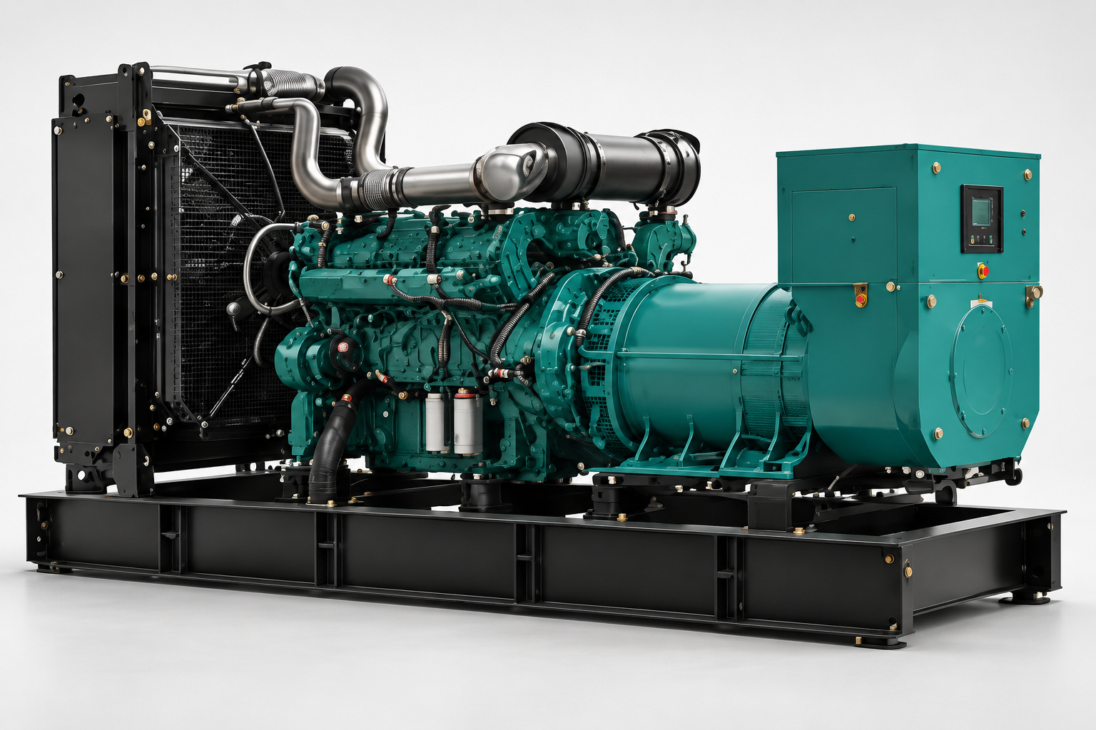 High-resolution illustrative render of an open-skid diesel generator based on the product catalog